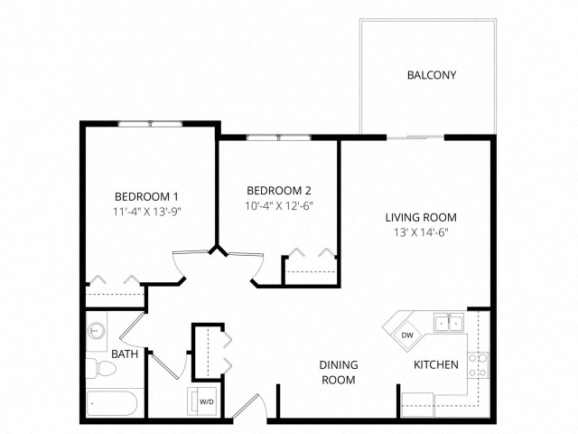 Floor plan for 2 beds, 1 bath, 900 sqft